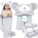 7 Pack Premium Baby Bath Towel and Washcloths Set - Organic Bamboo Cotton Hooded Towel for Boy or Girl - Cute Ears Hood - Large Size for Newborn Infant Toddler - Best Shower Gift - Grey Bear