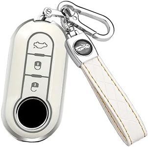 HIBEYO Key Fob Cover Compatible with Fiat Ducato 500 500L Panda Grande Punto Lancia Musa 3 Button Keys Car Accessories TPU Silver-Edge Smart Remote Auto Key Case with Leather Keychains-Whtie