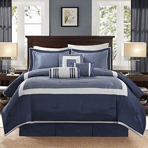Madison Park Cozy Comforter Set-Deluxe Hotel Collection, All Season Down Alternative Luxury Bedding with Matching Shams, Decorative Pillows, Cal King(104"x92"), Genevieve, Navy 7 Piece