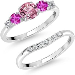 Gem Stone King 10K White Gold Pink and White Lab Grown Diamond Pink Sapphire 5 Stone Bridal Engagement Wedding Ring Set For Women (0.87 Cttw, Round: 5MM and 3MM, Available in Size 5,6,7,8,9)