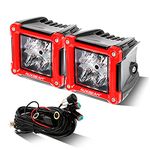 Auxbeam Red LED Cube Pods, 3" 40W Off Road Led Flood Light Bar with P8 Chips & Wiring Harness Kit, Square Driving Work Lights Fog Lights for 4x4 ATV Truck Pick Up, 2Pcs