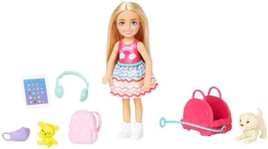 Barbie Toys, Chelsea Doll and Accessories, Travel Set with Puppy and 6 Pieces Including Pet Carrier