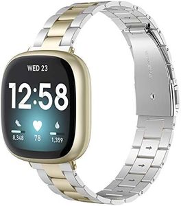 Wearlizer Compatible with Fitbit Versa 4/3 Bands/Fitbit Sense Bands for Women Men, Stainless Steel Ultra-Thin Lightweight Metal Replacement Strap for Versa 4/Sense (Soft Gold+Silver)