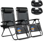 SUNMER XXL Sun Lounger Extra Wide Garden Chairs - Extra Wide Set of 2 Zero Gravity Chairs with Cup & Phone Holder, Adjustable Headrest & Pillow - Folding Deck Recliner Outdoor Seating - Black