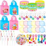 Cosblank 85 Pcs Candyland Party Favors Sweet Candy Birthday Party Supplies Candyland Party Non Woven Bags Plastic Straws Keychains Punch Balloons Stamps Stickers Wristbands for Lollipop Themed Party