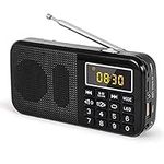 J-725C Mini Portable Radio FM Digital Radio with Alarm Clock, 3000mAh Rechargeable Battery Operated, USB TF Card AUX MP3 Radio, LED Emergency Flashlight, by PRUNUS(Black)