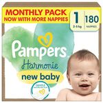 Pampers Harmonie Baby Nappies Size 1, 180 Nappies, 2kg-5kg, Monthly Pack, Gentle Skin Protection Cushiony Soft