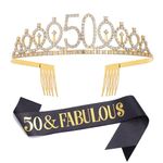 Black Gold "50 & Fabulous"Sash & Rhinestone Tiara Set, 50th Birthday Gifts for Women, Birthday Sash/Tiara for Women's 50th Birthday Party Decoration