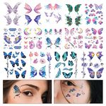 TOYMIS 14 Sheets Glitter Butterfly Temporary Tattoos, Waterproof Fairy Wings Temporary Tattoo Body Art Fake Tattoos for Women Girls Festival Music Party Favors Cosplay Eye Face Makeup