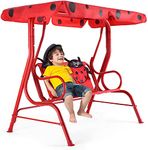 HONEY JOY Kids Patio Swing, 2-Seater Outdoor Porch Swing Lounge Chair W/Canopy & Safety Belt, All Weather Resistant Waterproof Hanging Swing Bench for Patio Garden Poolside Balcony(Red Beetle)