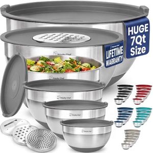 Priority Chef 6Pc Large Mixing Bowls With Lids Set with Non-Slip Bases, Stainless Steel Mixing Bowl Set, 6 Airtight Lids and 3 Graters, Grey