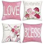 Bonhause Pink Flower Cushion Covers 45 x 45 cm Carnation Floral Love Bless Decorative Throw Pillow Covers Soft Velvet Pillowcases for Sofa Bed Patio Home Decor Set of 4