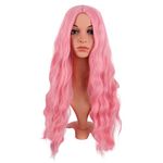 MapofBeauty 28 Inch/70 cm Long Wavy Middle Part with No Bangs Synthetic Fiber Curly Fashion Women Party Cosplay Wig (Light Pink)