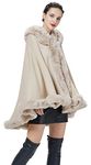 SUFCOMOU Poncho Hooded Shawl Wrap Women Cape Winter Faux Fur Trim Coat Sleeveless Cardigan Dressy Cloak for Party (Beige)