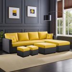 FURNY Arno 8 Seater Fabric RHS L Shape Sofa Set with 1 Centre Table & 2 Ottomans (Yellow-Dark Grey)