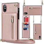 Jaorty Crossbody Phone Case for iPhone Xs Max Case with Card Holder for Women,iPhone Xs Max Case Wallet with Strap Lanyard for Men,PU Leather Magnetic Clasp with Kickstand 5.5", Rosegold