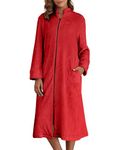 Ekouaer Fleece Bathrobe Women Zipper Warm Robe Plush Long Housecoat with Pockets Red X-Large