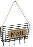 SRIWATANA Mail Organizer Wall Mount, Rustic Mail Holder Key Holder for Wall with Hooks, Small Size, Carbonized Black