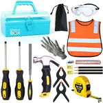 QeeHeng Kids Real Tool Set - 20Pcs Construction Tool With Blue Toolbox and Protective Clothing, Woodworking Tool Set for Beginner, Educational Gift