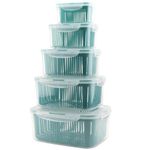 MOUYAT 5 Pack Fridge Storage Containers, Stackable Fruit Vegetable Freezer Storage Boxes with Drain Baskets, Plastic Food Containers with Lids for Freezer, Cabinets, Pantry