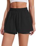 PINSPARK Women Black Workout Shorts Drawstring High Waist Shorts Quick Dry Gym Shorts with Biker Liner Lightweight Running Shorts XXL