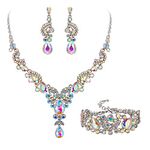 Ever Faith Wedding Bridal Jewellery Set, Rhinestone Crystal Art Deco Floral Vine Teardrop Necklace Earrings Bracelet Set Iridescent Clear AB Silver-Tone