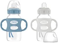 Dr. Brown’s Milestones Wide-Neck Transitional Sippy Bottle with Silicone Handles 9oz 270mL 6m+ Light Blue and Gray 2-Pack