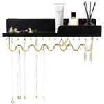 Lampaggio Hanging Jewelry Organizer with 29 Hooks and Cosmetics Shelf, Modern Wood Wall Mounted Jewelry Holder for Necklaces, Bracelets, Earrings and Rings, Black