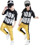 Boys Girls Sequins Hip Hop Costume Hiphop Jazz Dance Clothing Set (12, Black&Gold)