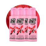 Crazy Color Vibrant Fire Semi-Permanent 4 Pack Quad Hair Dye. Highly Pigmented Pillarbox Red Conditioning & Oil Nourishing Vegan Formula No Bleach or Ammonia 400ml
