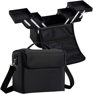 Stagiant Soft Makeup Box Train Case Pallette Pockets Art Travel Box Nail Kit Case with Carry Strap Rose Gold Zipper Makeup Storage Organizer Box for Jewelry Make-Up Brushes, Black, Black Medium,