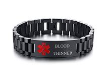 Blood THINNER Stainless Steel Masculine Watch Wrist Band Link Medical ID Bracelet Men's Medical Alert Wristband for Men-Adjustable