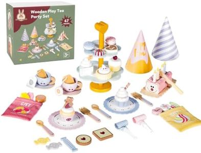 Wooden Pretend Play Tea Party Set - 40+ Pcs Afternoon Tea Set. Teacups & Kitchen Accessories for Toddlers Girls Boys , Montessori Educational Learning Toy Gift