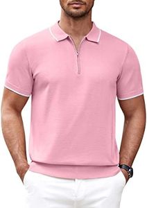 COOFANDY Men's Vintage Striped Quarter Zip Polo Shirt - Lightweight Golf & Workout Tee - Classic Fit, Bright Pink, Medium