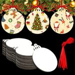 Christmas Sublimation Ornament Blanks MDF Personalized Blank Ornaments Round Christmas Hanging Ornaments Discs with Red Rope for Xmas Ornament DIY Decoration Supplies (25 Pieces)