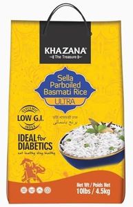 Authentic Ultra Long Sella Parboiled Basmati Rice by Khazana in 10 lb Bag - Aromatic and Flavorful Indian Grain - Non-GMO, Gluten Free, Kosher, Cholesterol Free