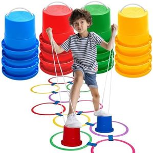 Foilswirl 8 Pairs Balancing Stilts for Kids Walking Stilts Toys Sports Platform Stilts with Hopscotch Ring Game 10 Multi Colored Plastic Rings and 10 Connectors for Coordination, Strength, Active Play