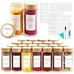 AISIPRIN 24 Pcs Glass Spice Jars with Bamboo Airtight Lids and 398 Labels, 4oz Empty Round Containers Seasoning Storage Bottles - Shaker Lids, Funnel, Brush and Marker Included