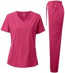 Dagacci Medical Uniform Women's Fitted 4-Way Stretch Y Neck Natural Stretch Scrub Set, Hot Pink, L