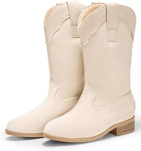 Coutgo Kids Cowboy Cowgirl Boots for Boys Girls Western Boot for Kids Mid Calf Riding Shoes Little Kid/Big Kid, Beige, Size 10