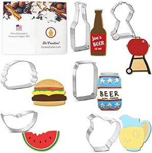 Foose Brand Cookie Cutter Summer Picnic 6 Pc Set with Recipe Card, Made in USA - 4 in Hamburger 4.5 in Bottle 3.5 in Charcoal Grill 3.5 in Watermelon 4 in Soda Beer Can 3.5 in Juice Lemonade Pitcher