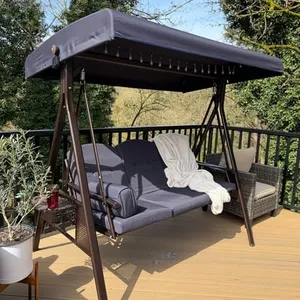 PURPLE LEAF 3-Seat Deluxe Outdoor Patio Porch Swing with Weather Resistant Steel Frame, Adjustable Tilt Canopy, Cushions and Pillow Included, Navy Blue