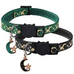 2 Pcs Pet Collars, Gold Moons and Stars Cat Collar with Pendant Adjustable Quick Release Safety Breakaway Dog Collar(Green+Black)