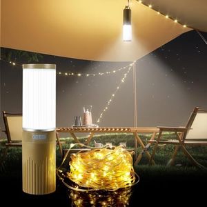 Camping Lantern with 49.2FT String, 2 in 1 Outdoor Warm White String Lights with 4 Modes & 5 Modes Rechargeable Camping Lamp IPX4 Waterproof Portable LED Tent Light for Outdoor Yard Garden Decoration