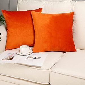 Pack of 2, Velvet Super Soft Solid Decorative Square Throw Pillows Covers Set Cushion Case for Sofa Bedroom Car 18 x 18 Inch 45 x 45 cm Orange