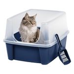 IRIS USA Large High Sided Cat Litter Box with Scoop, Open Top Litter Pan for Big Cats, Anti-Scatter No Tracking Design, Easy Clean, Navy