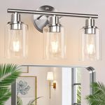 3-Light Bathroom Light Fixtures, Brushed Nickel Vanity Light, Farmhouse Wall Lights with Clear Glass Shade, Bathroom Wall Lamp for Mirror Kitchen Bedroom Hallway Living Room Hallway Cabinet