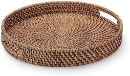 Hand-Woven Rattan Serving Tray with Handles for Breakfast, Drinks, Snack for Dining/Coffee Table (11 inch (28cm), Round)