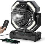 covozon 20000mAh Portable Misting Fan, USB Rechargeable Camping Fan with LED Light, Battery Operated for Outdoor, Tents, Beach, Travel - 250mL Water Tank & Hook Included, Black.
