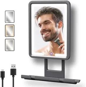 Rocollos Fogless Shower Mirror for Shaving, 3 Color LED Lighting Dimmable, Anti-Fog Heating in Minutes, 360° Bathroom Shower Mirror with Rechargeable 5000mAh Battery, Large Storage Shelf, Wiper